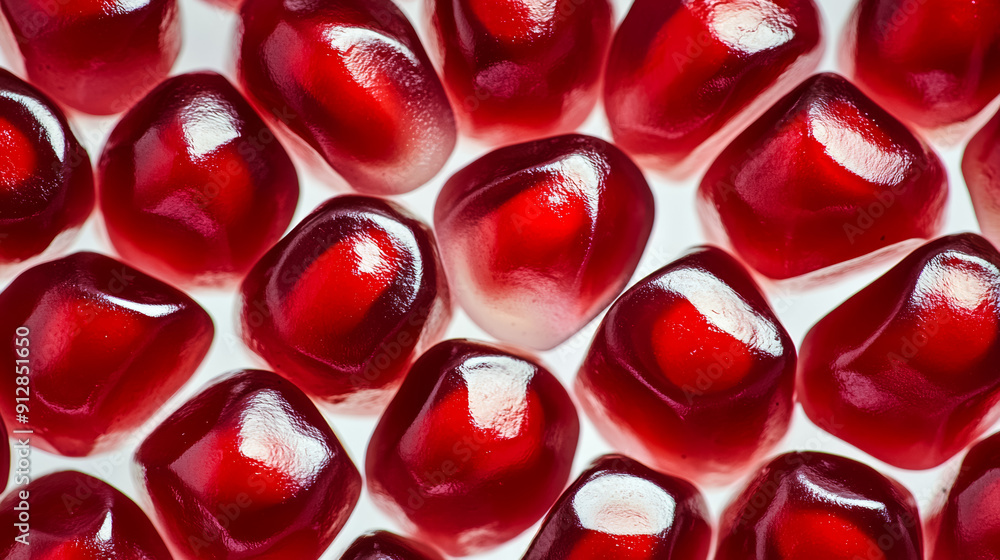 Poster Macro shot of the texture of a pomegranates seeds showcasing the glossy red arils and juicy texture 