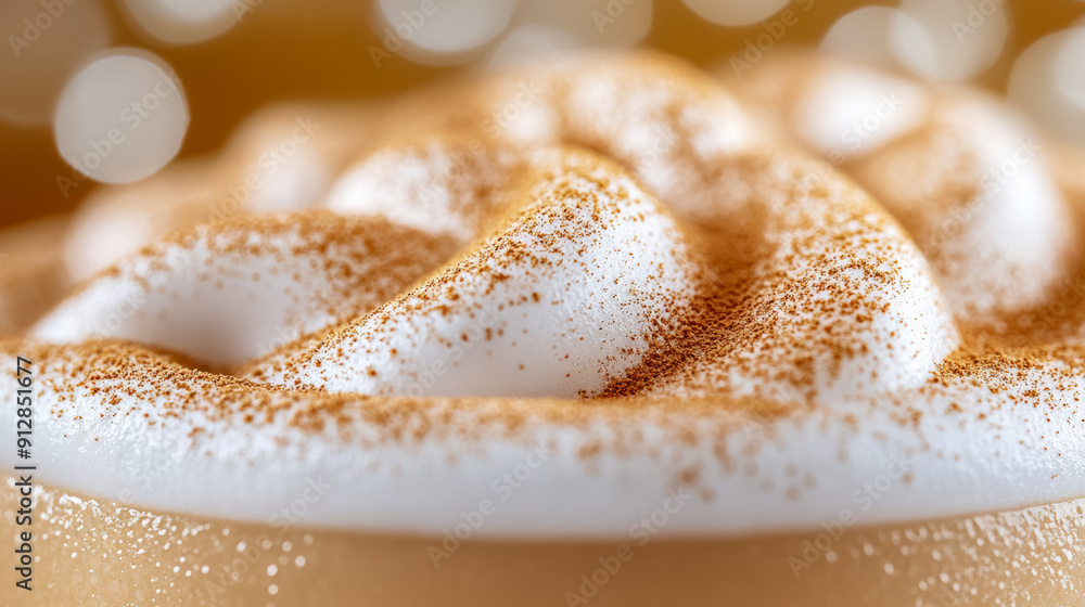 Poster macro shot of the texture of a pumpkin spice latte highlighting the creamy frothy top with a dusting