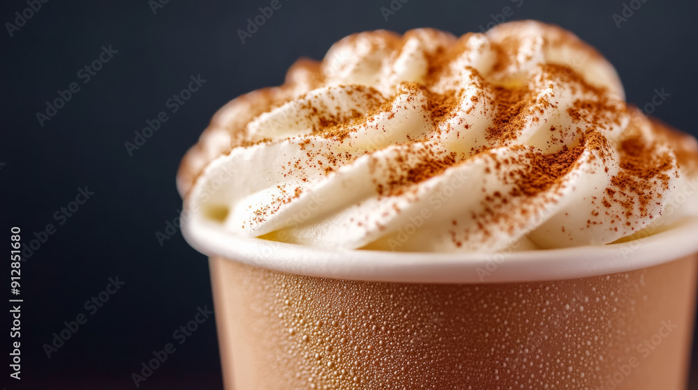 Poster macro shot of the texture of a pumpkin spice latte highlighting the creamy frothy top with a dusting
