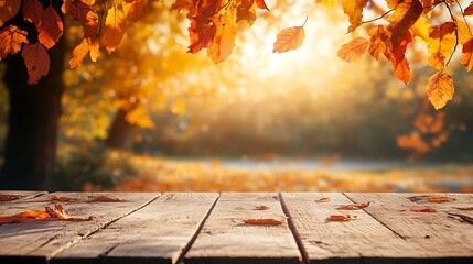 A serene autumn landscape featuring a wooden table adorned with fallen orange leaves, bathed in...