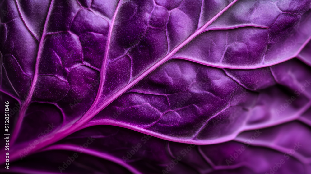 Poster macro shot of the texture of a red cabbage leaf displaying its deep purple color and intricate veins