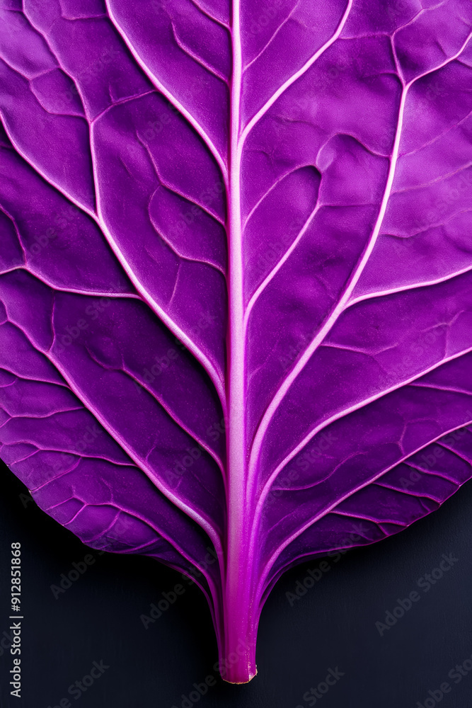 Poster macro shot of the texture of a red cabbage leaf displaying its deep purple color and intricate veins