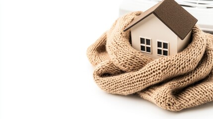 A wooden house model sits snugly in a knitted scarf atop a radiator, illuminated by gentle sunlight streaming through a window