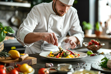 Chef of a big restaurant or luxury hotel prepare dishes. Male chef garnishing food in the kitchen