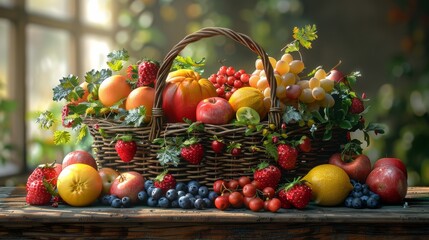 Vegetables and fruits in wooden basket for healthy food concept isolated on transparent background.
