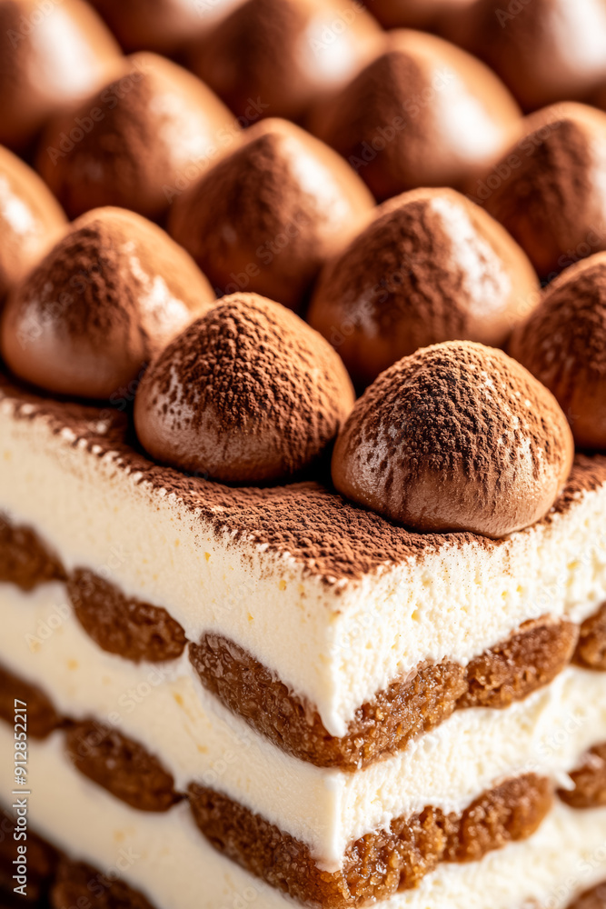 Poster macro shot of the texture of a tiramisu showcasing the layers of creamy mascarpone and espresso soak
