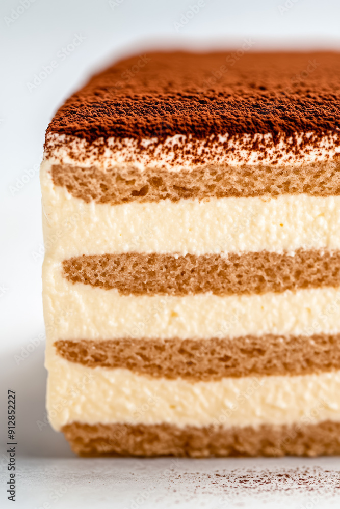 Poster Macro shot of the texture of a tiramisu showcasing the layers of creamy mascarpone and espresso soaked ladyfingers with a dusting of cocoa 