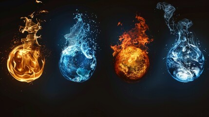 Four elemental spheres representing fire, water, earth, and air on a dark background
