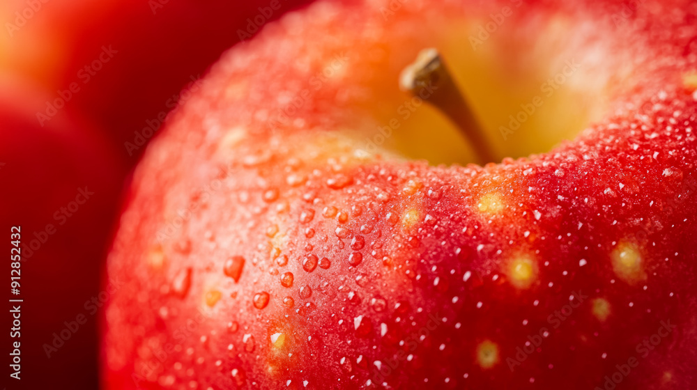 Poster macro shot of the texture of an apples skin showcasing the vibrant red surface with tiny yellow spec