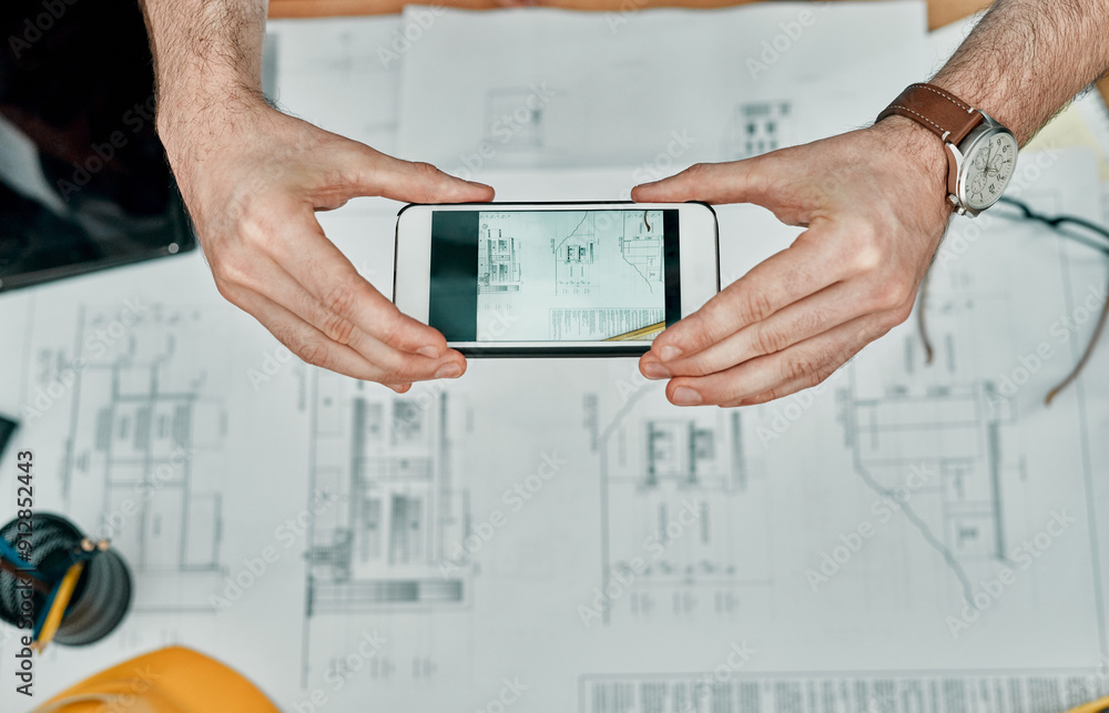 Poster hands, architect and blueprint with phone for photo for communication with client, council or review
