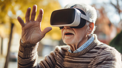 An elderly man engages with virtual reality outdoors, exploring digital worlds through his VR headset, blending modern technology with his everyday life.