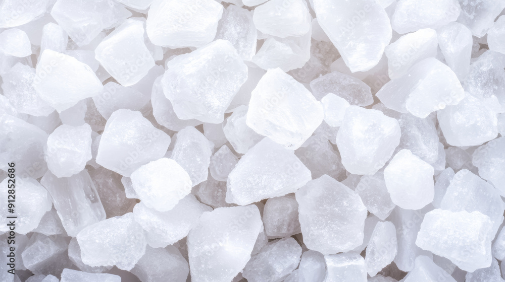 Poster macro shot of the texture of coarse sea salt displaying the translucent white crystals with jagged e