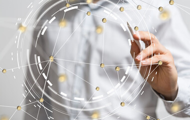 abstract lines with dots over dark background.