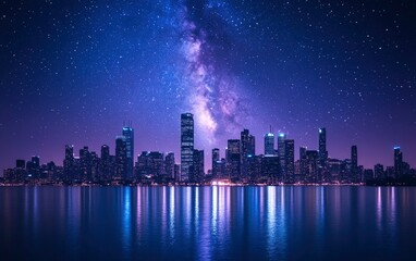 Fototapeta premium City Skyline with Milky Way Galaxy Reflection on Calm Water