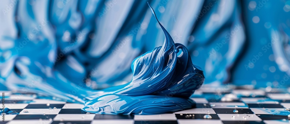 Poster vibrant blue paint splashes on a checkered surface, showcasing fluid motion and color depth in an ar