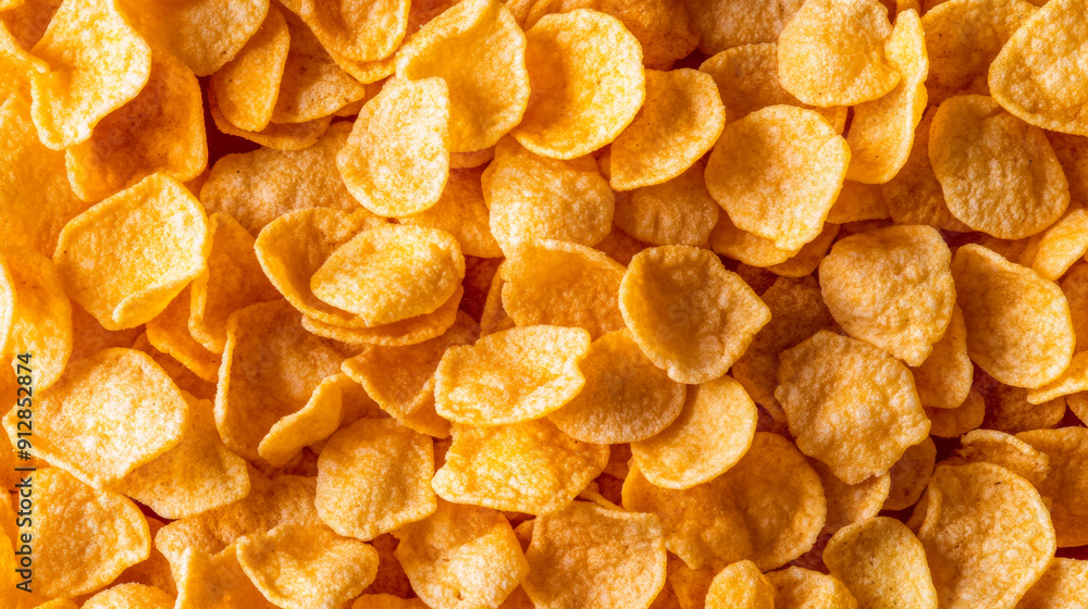 Poster macro shot of the texture of cornflakes showcasing the golden crispy flakes with intricate patterns