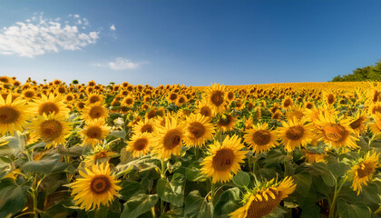 An impressive eye-level view of vibrant sunflower fields in full bloom, creating a stunning panorama of yellow and green under a clear blue sky.