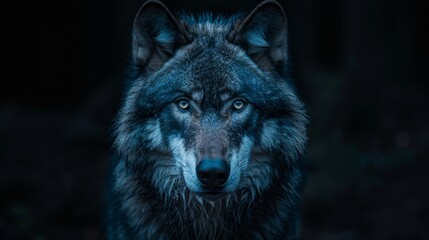 Majestic wolf staring intently under moonlight in a dark forest