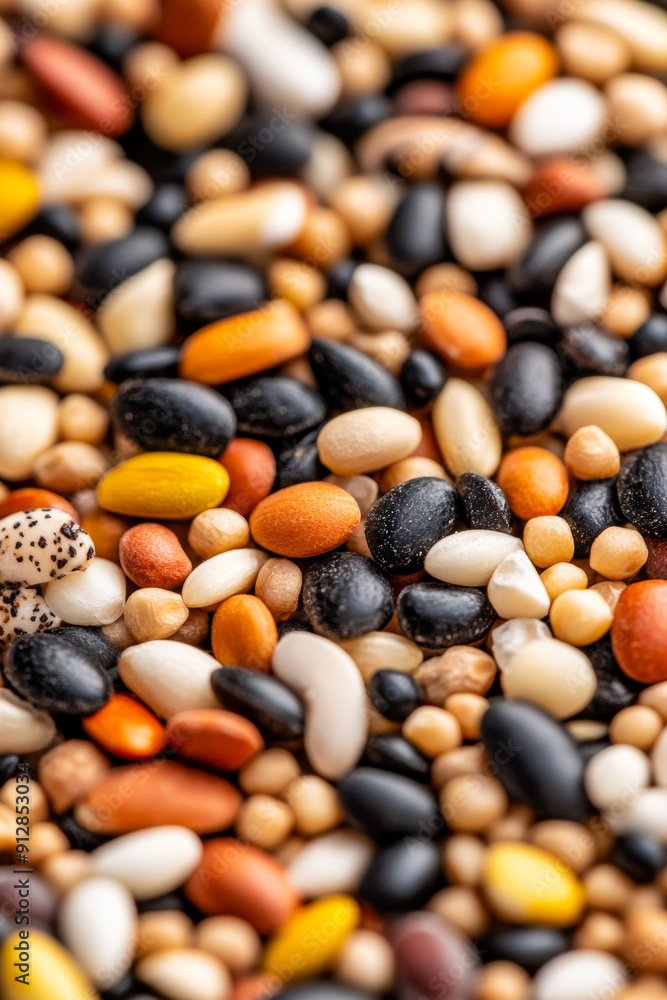 Poster macro shot of the texture of duck feed highlighting the varied mix of grains seeds and small pellets