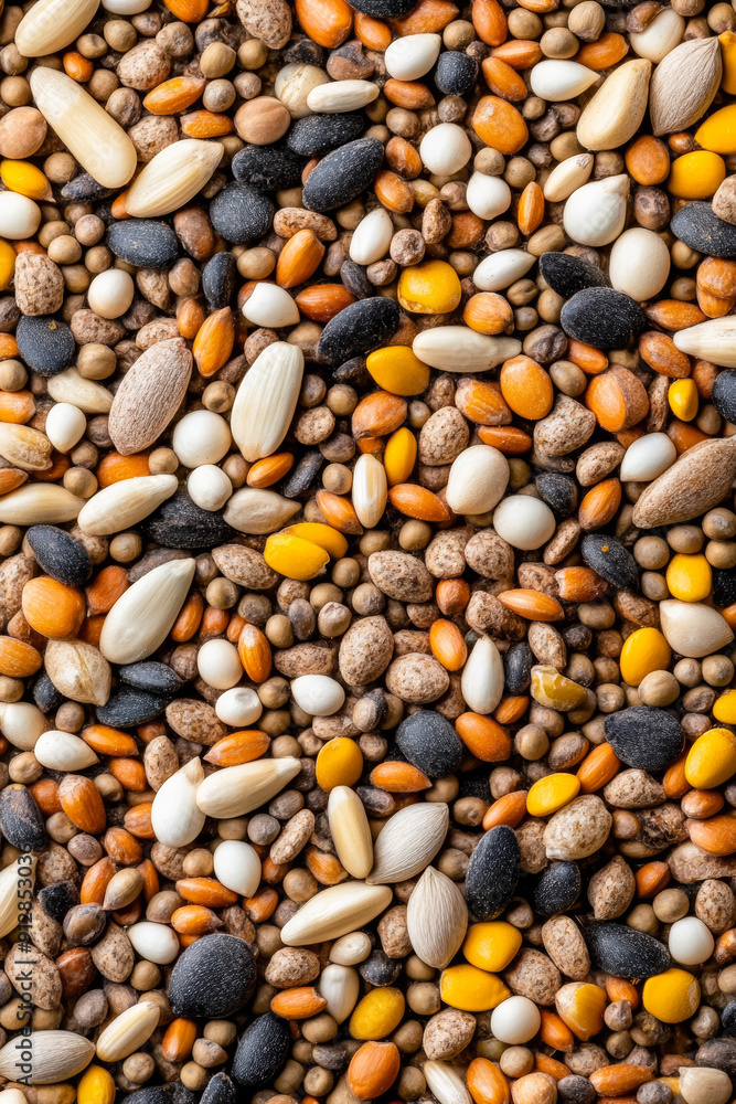 Poster macro shot of the texture of duck feed highlighting the varied mix of grains seeds and small pellets