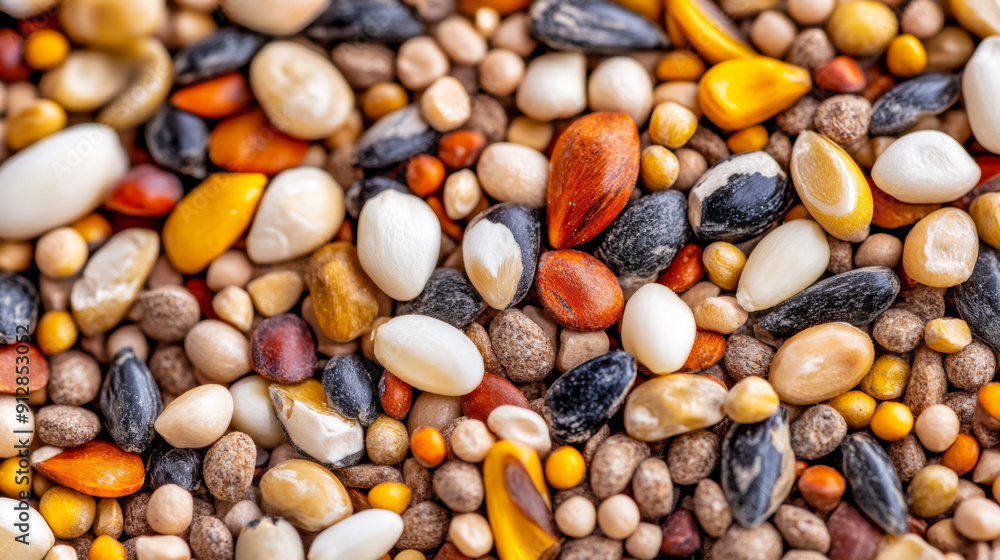 Poster macro shot of the texture of duck feed highlighting the varied mix of grains seeds and small pellets