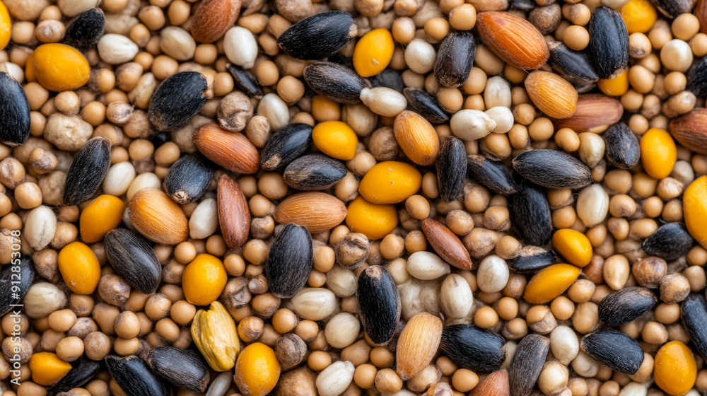 Poster macro shot of the texture of duck feed highlighting the varied mix of grains seeds and small pellets