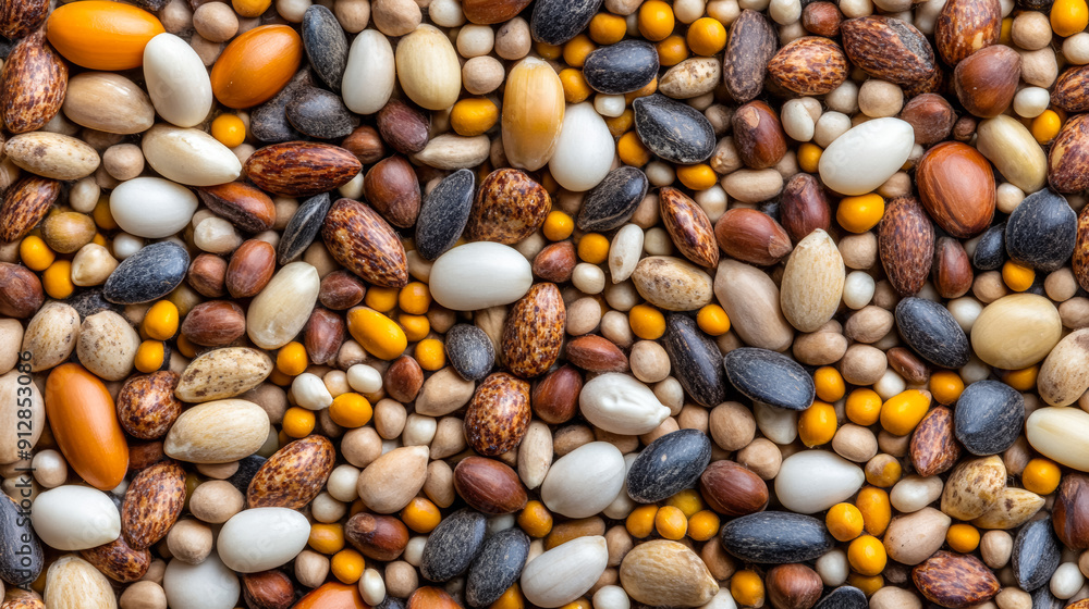 Poster macro shot of the texture of duck feed highlighting the varied mix of grains seeds and small pellets
