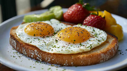 A plate of sunny-side up eggs on toast, garnished with herbs and accompanied by fresh strawberries, kiwi, and mango slices for a balanced breakfast.