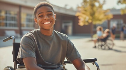 Obraz premium Inspirational Portrait of a Smiling Teenage Boy in a Wheelchair Outdoors for Diversity and Inclusion Themes