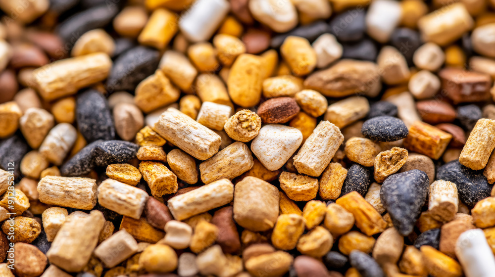 Poster macro shot of the texture of goat feed highlighting the mix of grains pellets and dried forage with 
