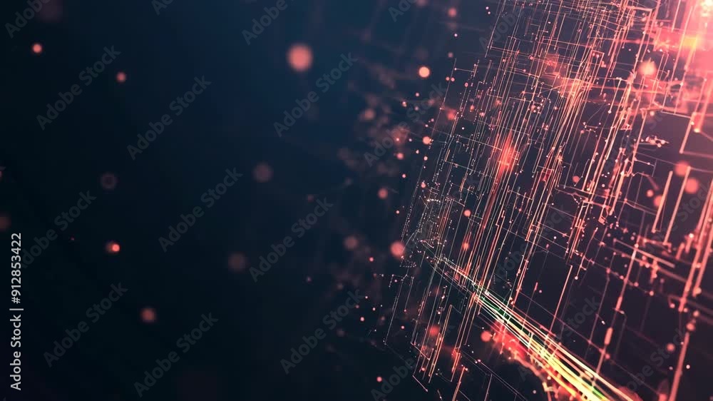 Poster Abstract digital network grid background. Future and futuristic technology. Neon waveform 3D animation. AI and Data Science Visualization