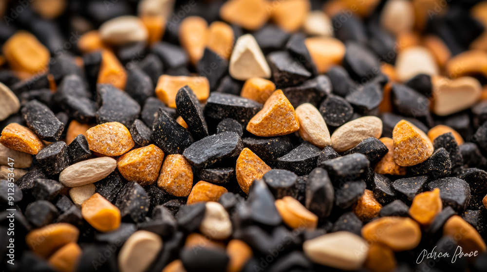 Poster macro shot of the texture of goat feed highlighting the mix of grains pellets and dried forage with 