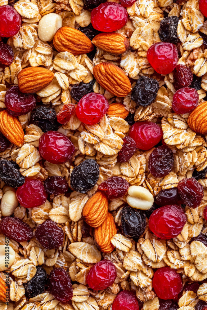 Poster macro shot of the texture of granola highlighting the clusters of oats nuts and dried fruit with var