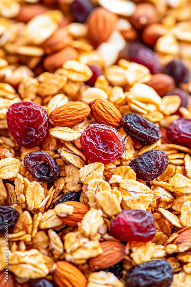 Poster macro shot of the texture of granola highlighting the clusters of oats nuts and dried fruit with var