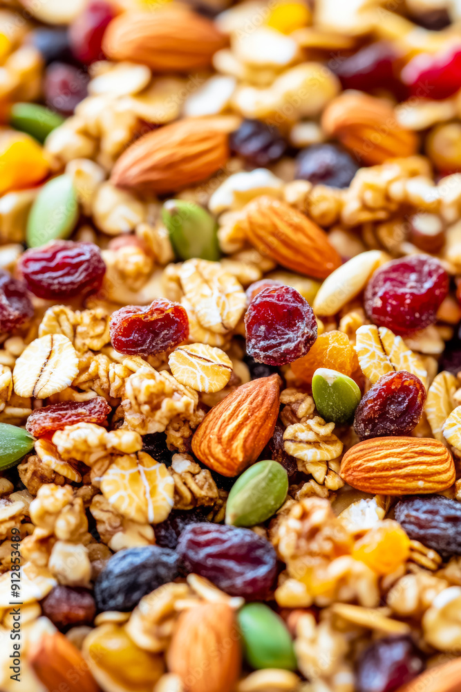 Poster macro shot of the texture of granola highlighting the clusters of oats nuts and dried fruit with var