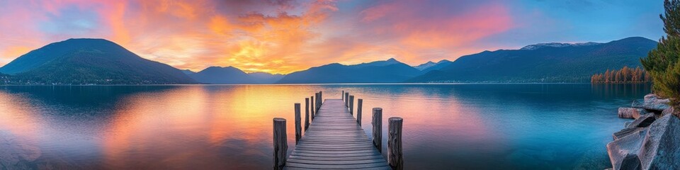 Fototapeta premium Sunset Serenity: A Lakeside Panorama