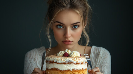 A woman shows hesitation as she faces a variety of desserts, illustrating her battle with the temptation to indulge in sweets.
