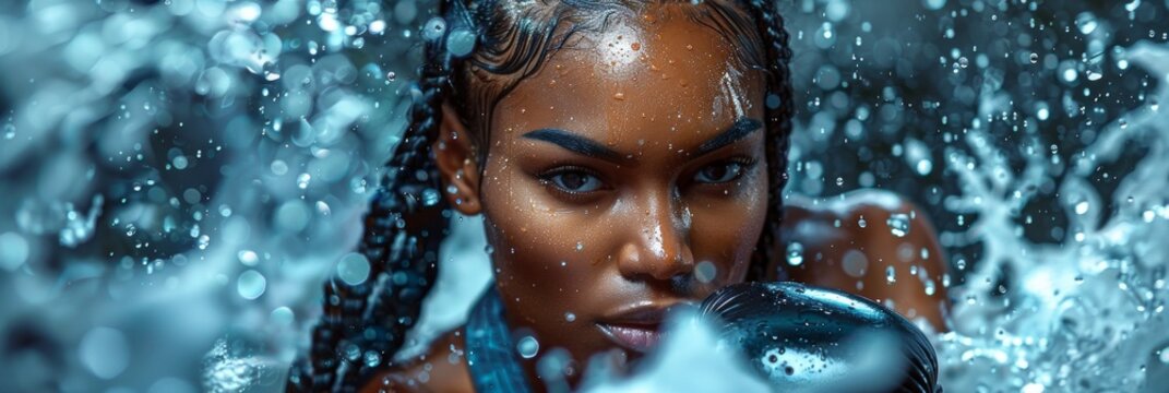 close-up portrait of a female boxer, her face splashed with water, as she focuses intently on her training.