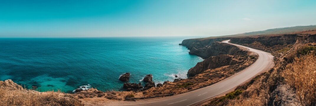 A sweeping panorama of a scenic coastal road, with dramatic cliffs, turquoise waters