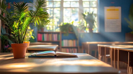 A bright, sunlit classroom featuring potted plants and an open book on a desk, creating a vibrant and inviting learning environment.