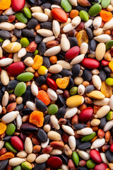 Macro shot of the texture of hamster food showcasing the varied mix of seeds grains and dried fruits with intricate details 