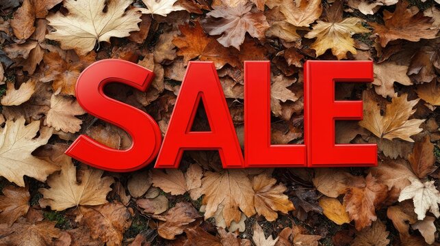 Sale sign with orange letters against a background of withered fall leaves