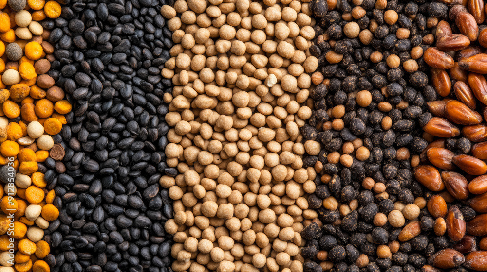 Poster macro shot of the texture of horse feed showcasing the mix of grains pellets and dried forage with v