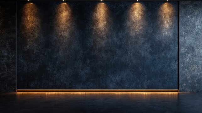 Minimalist dark room with a textured wall and subtle lighting, creating a dramatic backdrop with plenty of space for promotional content