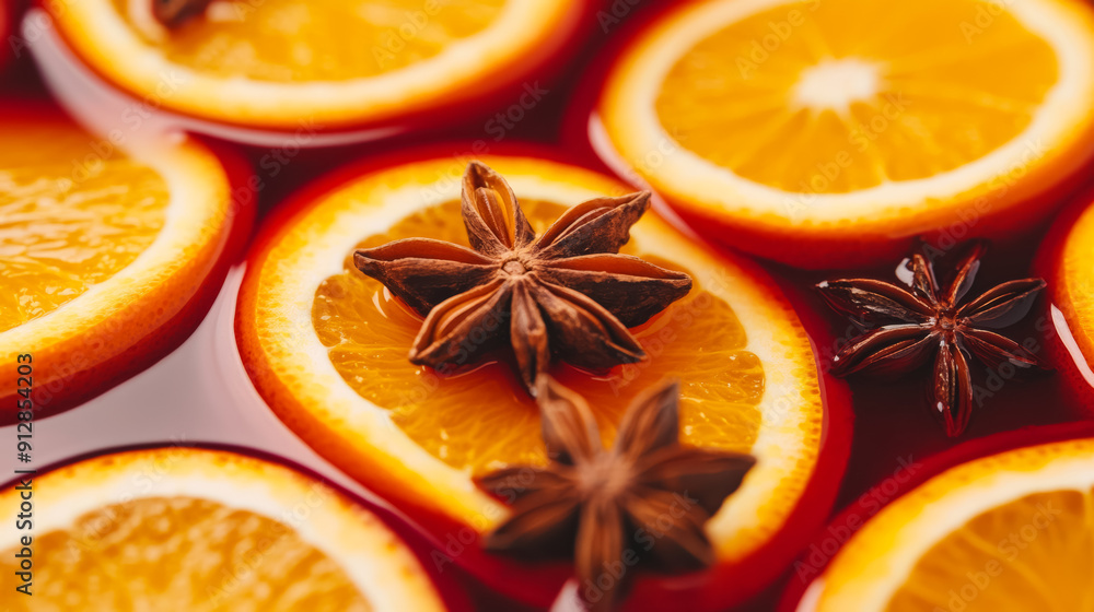 Poster macro shot of the texture of mulled wine showcasing the rich red liquid with floating orange slices 