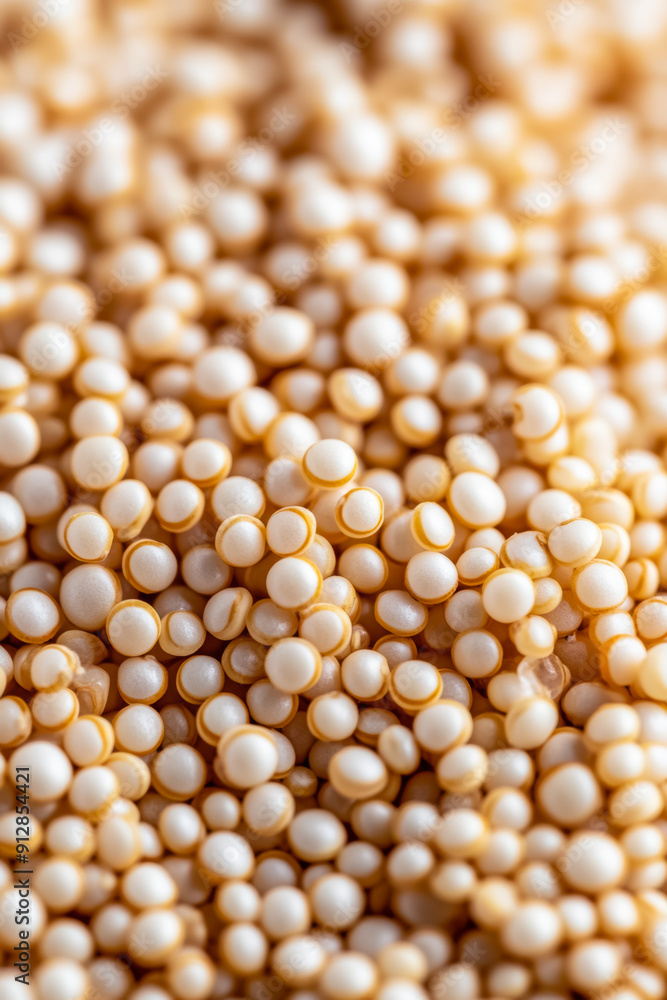 Poster macro shot of the texture of quinoa displaying the tiny round grains with a creamy white hue and sub