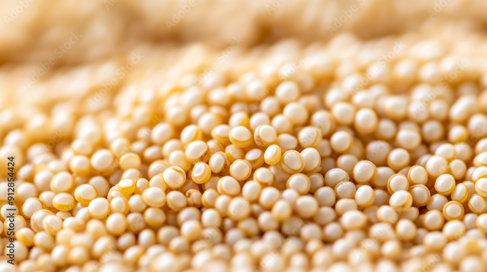 Poster macro shot of the texture of quinoa displaying the tiny round grains with a creamy white hue and sub