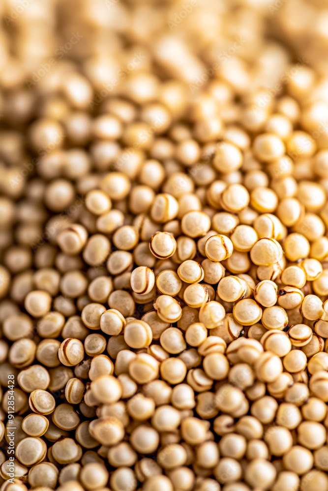 Poster macro shot of the texture of quinoa displaying the tiny round grains with a creamy white hue and sub