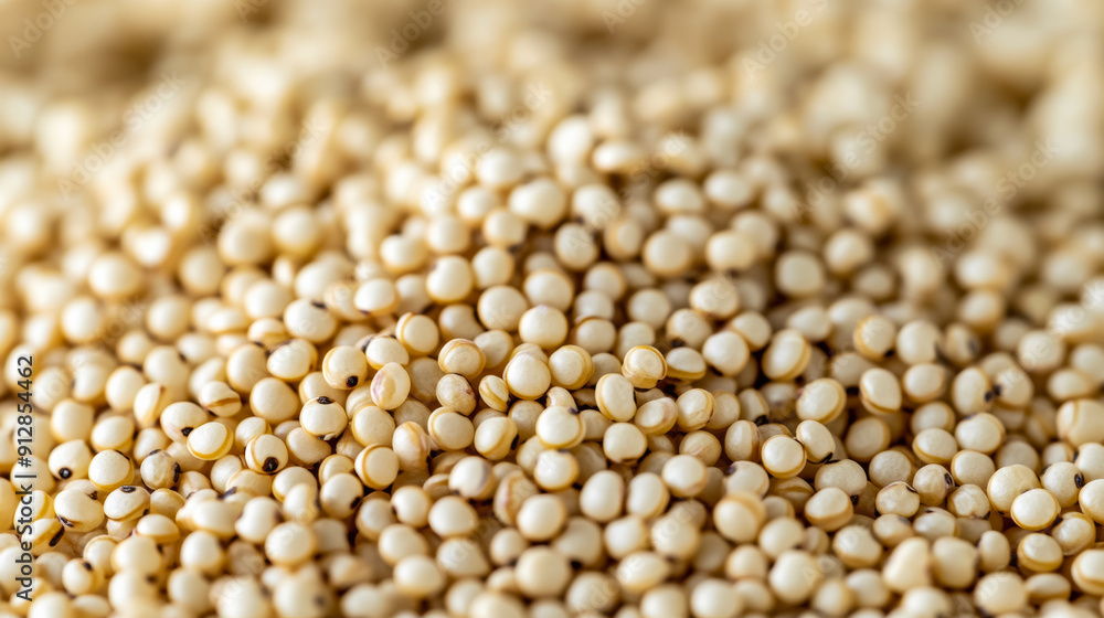 Poster macro shot of the texture of quinoa displaying the tiny round grains with a creamy white hue and sub