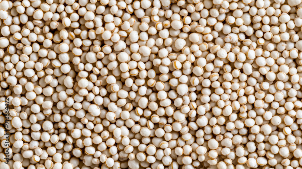 Poster macro shot of the texture of quinoa displaying the tiny round grains with a creamy white hue and sub